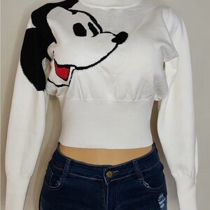 White Cropped Sweater with Cartoon Design